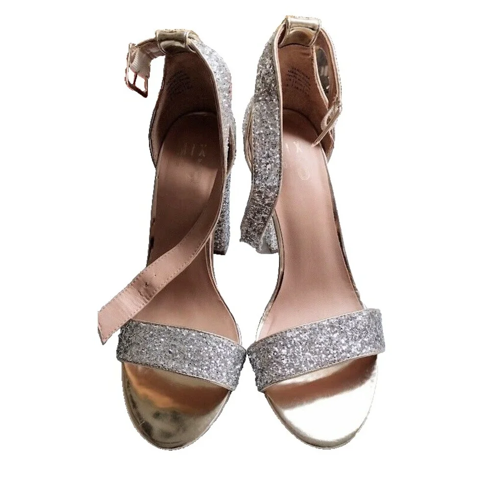Mix No 6 Womens Glitter Block Heel‎ Ankle Strap Sandals Gold Silver size 8